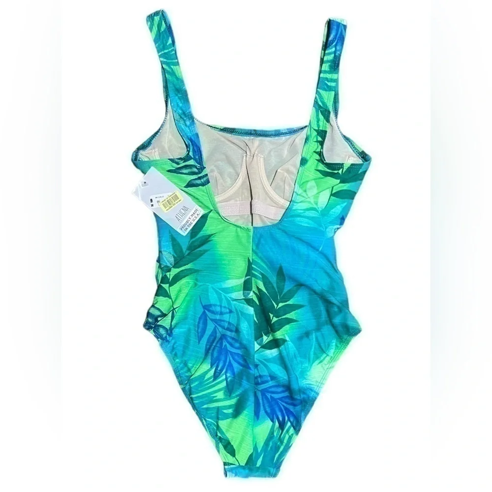 NWT Athena One Piece Tropical Blue & Green Foliage Pattern Swimsuit Size 10